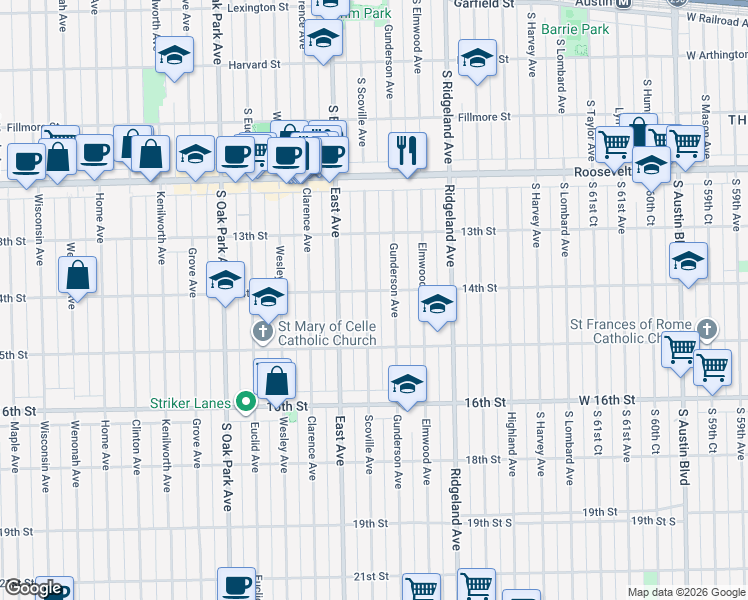 map of restaurants, bars, coffee shops, grocery stores, and more near 1339 Scoville Avenue in Berwyn