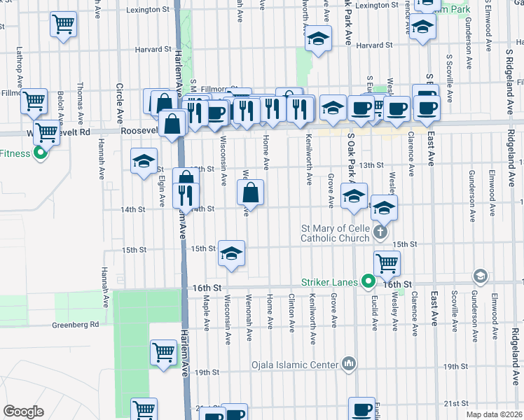 map of restaurants, bars, coffee shops, grocery stores, and more near 1334 Home Avenue in Berwyn