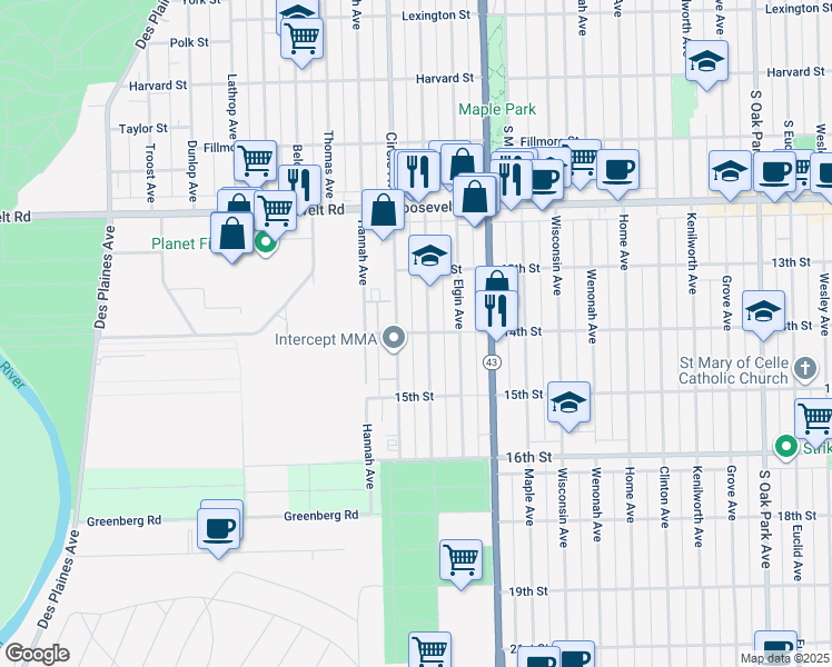 map of restaurants, bars, coffee shops, grocery stores, and more near 1329 Marengo Avenue in Forest Park