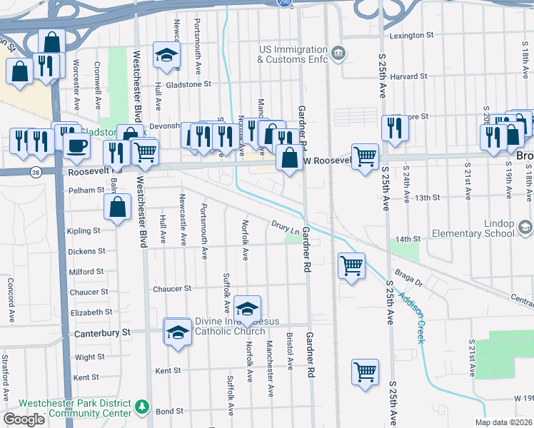 map of restaurants, bars, coffee shops, grocery stores, and more near 9855 Derby Lane in Westchester