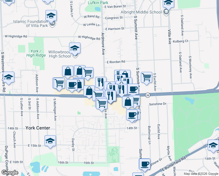 map of restaurants, bars, coffee shops, grocery stores, and more near 1535 Ardmore Avenue in Villa Park