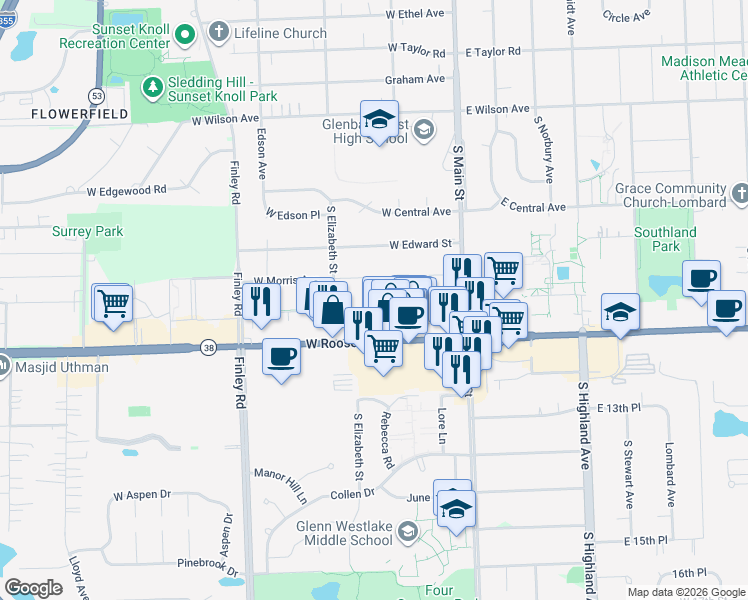 map of restaurants, bars, coffee shops, grocery stores, and more near 225 West Morris Avenue in Lombard