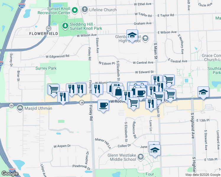 map of restaurants, bars, coffee shops, grocery stores, and more near 329 West Morris Avenue in Lombard