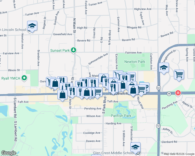 map of restaurants, bars, coffee shops, grocery stores, and more near 588 Maiden Lane in Glen Ellyn