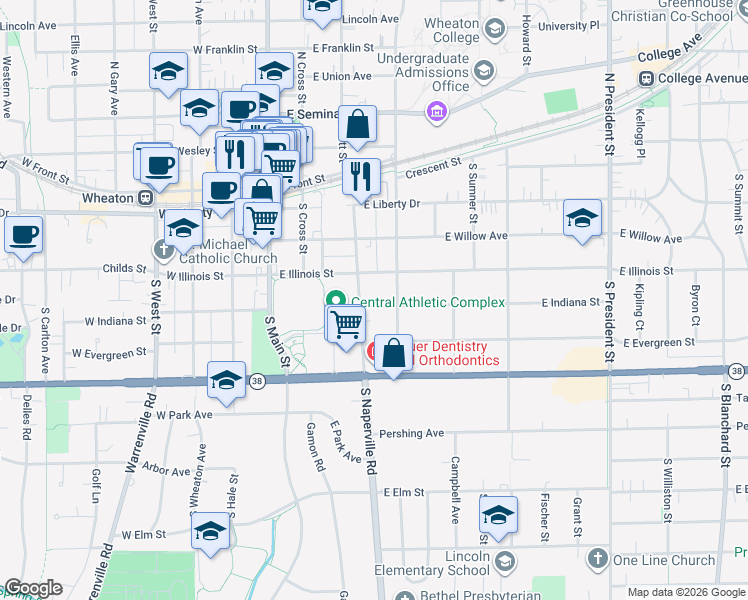 map of restaurants, bars, coffee shops, grocery stores, and more near 304 East Illinois Street in Wheaton
