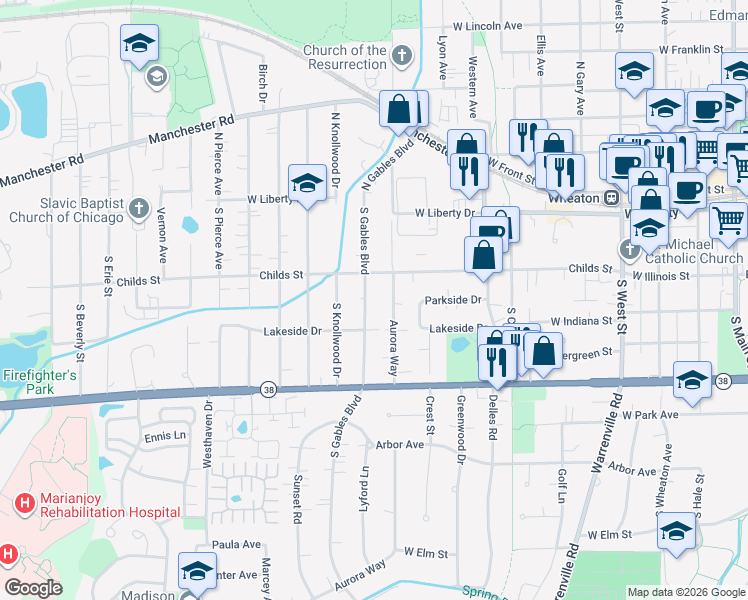 map of restaurants, bars, coffee shops, grocery stores, and more near 403 South Gables Boulevard in Wheaton