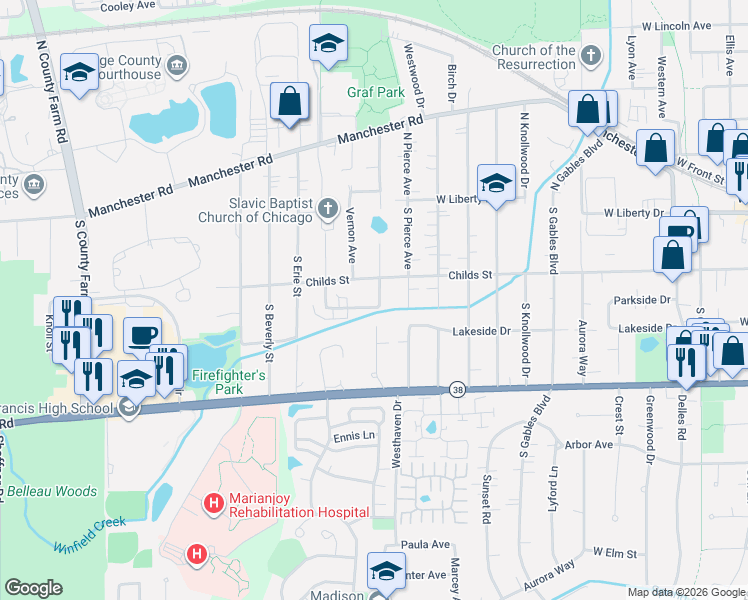 map of restaurants, bars, coffee shops, grocery stores, and more near 1616 Childs Street in Wheaton