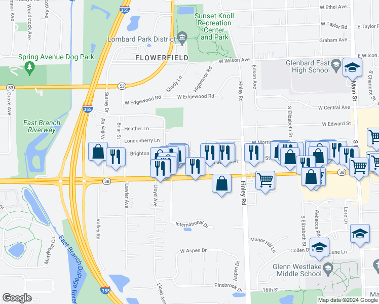 map of restaurants, bars, coffee shops, grocery stores, and more near 1188 Royal Glen Drive in Glen Ellyn