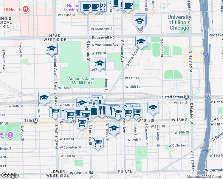 map of restaurants, bars, coffee shops, grocery stores, and more near 1515 S Blue Island Ave in Chicago