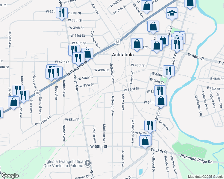 map of restaurants, bars, coffee shops, grocery stores, and more near 5106 Perry Avenue in Ashtabula
