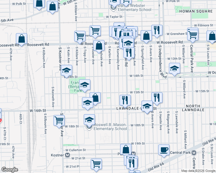map of restaurants, bars, coffee shops, grocery stores, and more near 1414 South Karlov Avenue in Chicago