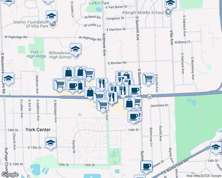 map of restaurants, bars, coffee shops, grocery stores, and more near 1535 Ardmore Avenue in Villa Park