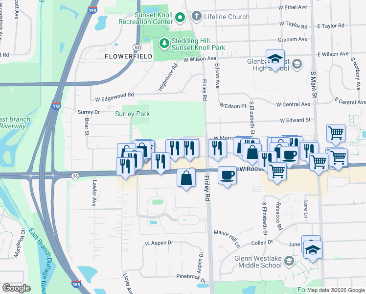 map of restaurants, bars, coffee shops, grocery stores, and more near 22 Cheltenhan Drive in Glen Ellyn