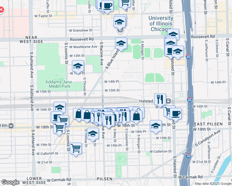map of restaurants, bars, coffee shops, grocery stores, and more near 1452 South Aberdeen Street in Chicago