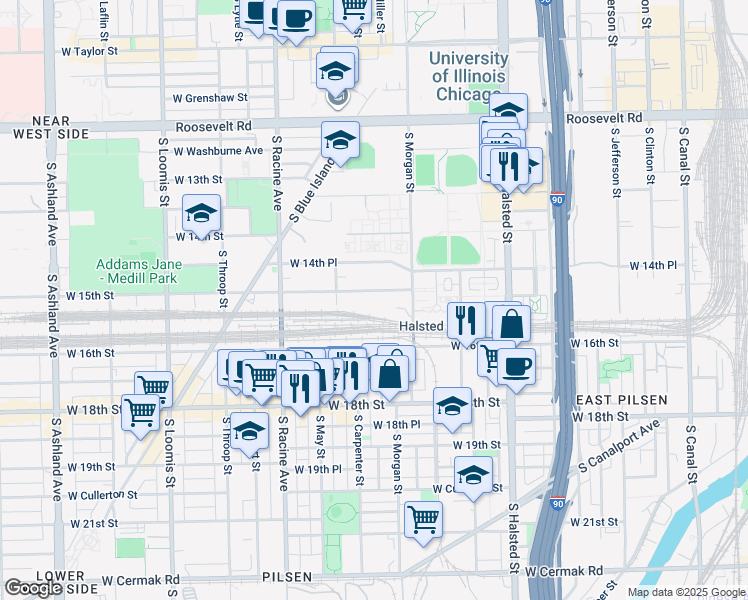 map of restaurants, bars, coffee shops, grocery stores, and more near 1001 West 15th Street in Chicago