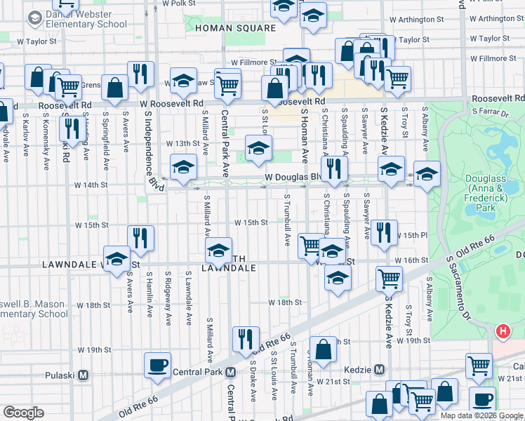 map of restaurants, bars, coffee shops, grocery stores, and more near 1434 South Saint Louis Avenue in Chicago