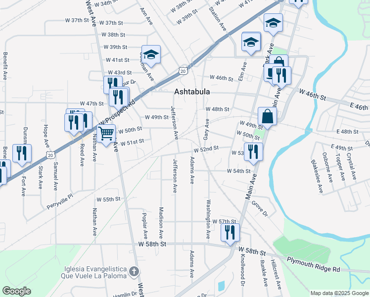 map of restaurants, bars, coffee shops, grocery stores, and more near 5127 Adams Avenue in Ashtabula