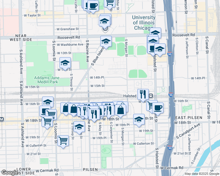 map of restaurants, bars, coffee shops, grocery stores, and more near 1452 South Aberdeen Street in Chicago