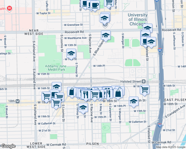 map of restaurants, bars, coffee shops, grocery stores, and more near 1151 West 15th Street in Chicago