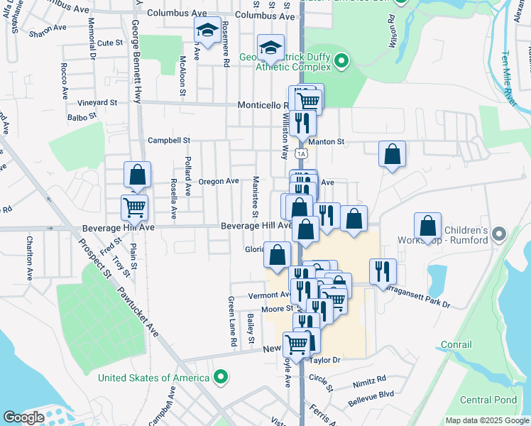 map of restaurants, bars, coffee shops, grocery stores, and more near 363 Woodhaven Road in Pawtucket