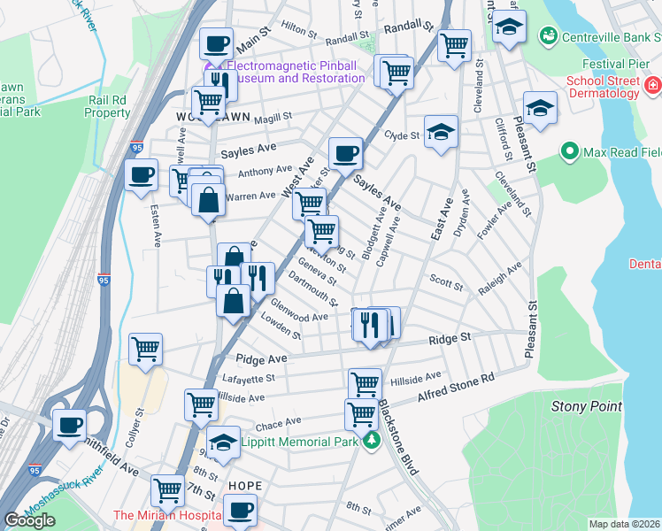 map of restaurants, bars, coffee shops, grocery stores, and more near 87 Newton Street in Pawtucket