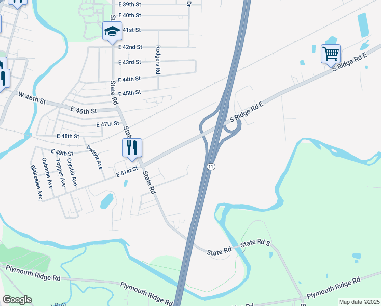 map of restaurants, bars, coffee shops, grocery stores, and more near 2137 South Ridge Road East in Ashtabula