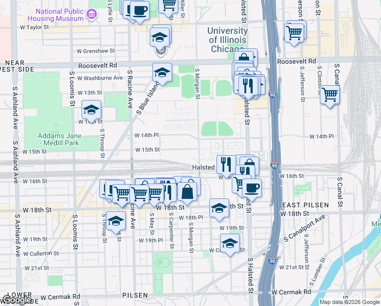 map of restaurants, bars, coffee shops, grocery stores, and more near in Chicago
