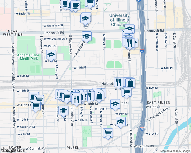 map of restaurants, bars, coffee shops, grocery stores, and more near 1033 West 14th Street in Chicago