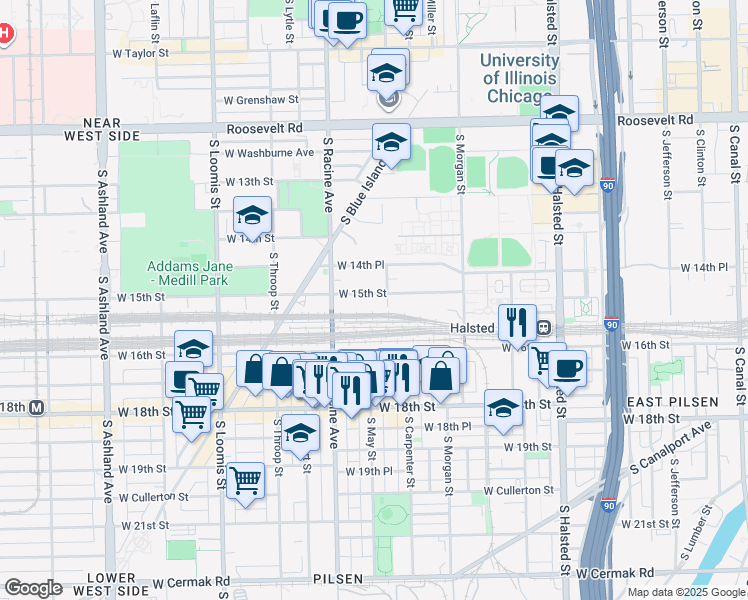 map of restaurants, bars, coffee shops, grocery stores, and more near 1452 South Aberdeen Street in Chicago