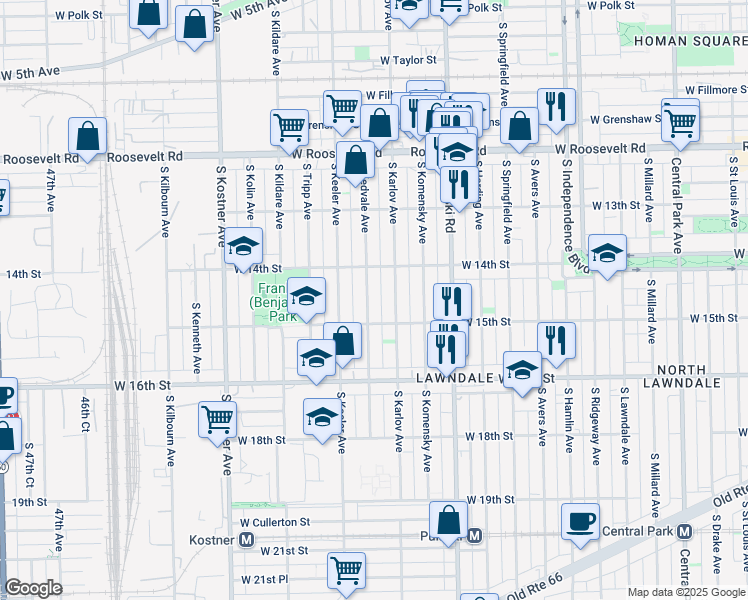 map of restaurants, bars, coffee shops, grocery stores, and more near 1412 South Kedvale Avenue in Chicago