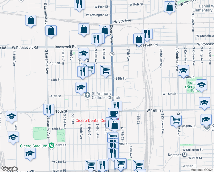 map of restaurants, bars, coffee shops, grocery stores, and more near 1405 48th Court in Cicero