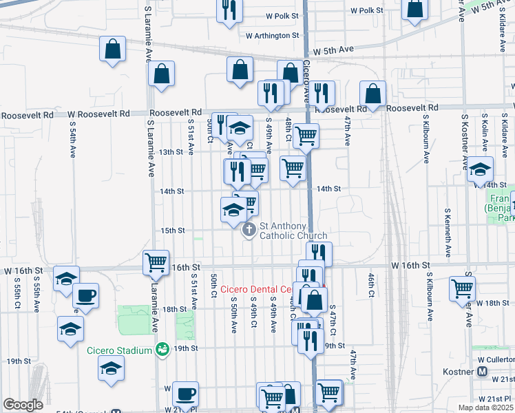 map of restaurants, bars, coffee shops, grocery stores, and more near 1404 South 49th Court in Cicero