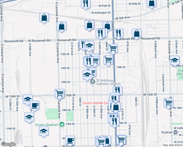 map of restaurants, bars, coffee shops, grocery stores, and more near 1404 South 49th Court in Cicero