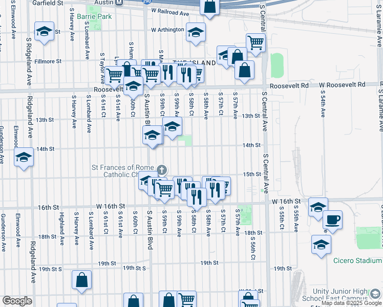 map of restaurants, bars, coffee shops, grocery stores, and more near 5899 West 14th Street in Cicero