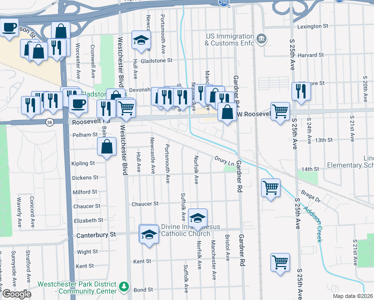 map of restaurants, bars, coffee shops, grocery stores, and more near 1308 Suffolk Avenue in Westchester