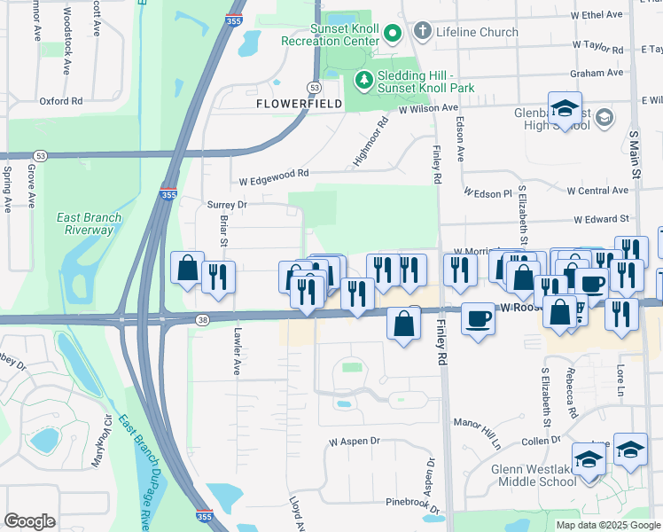 map of restaurants, bars, coffee shops, grocery stores, and more near 1188 Royal Glen Drive in Glen Ellyn