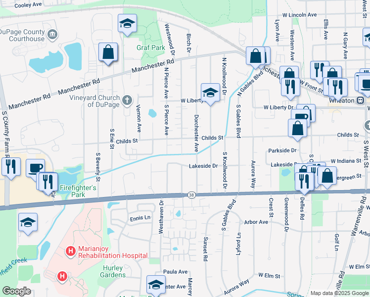 map of restaurants, bars, coffee shops, grocery stores, and more near 415 South Morgan Avenue in Wheaton