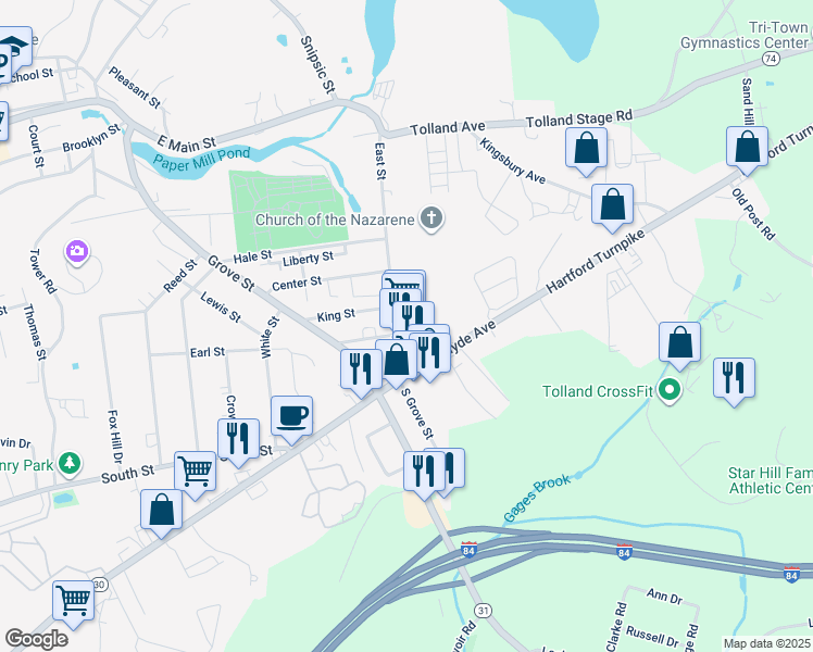 map of restaurants, bars, coffee shops, grocery stores, and more near 69 East Street in Vernon
