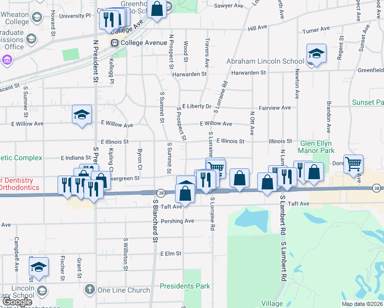 map of restaurants, bars, coffee shops, grocery stores, and more near 1602 East Illinois Street in Wheaton