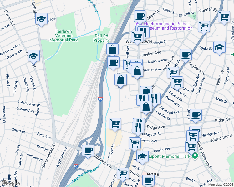 map of restaurants, bars, coffee shops, grocery stores, and more near 250 Esten Avenue in Pawtucket
