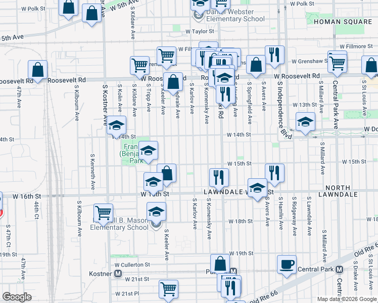 map of restaurants, bars, coffee shops, grocery stores, and more near 1414 South Karlov Avenue in Chicago
