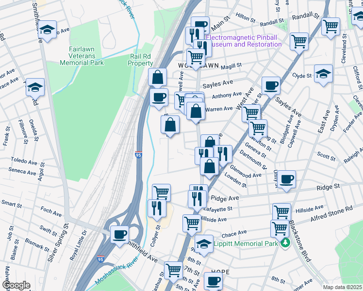 map of restaurants, bars, coffee shops, grocery stores, and more near 15 Marion Terrace in Pawtucket