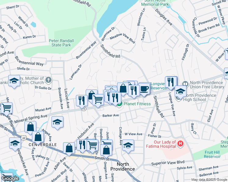 map of restaurants, bars, coffee shops, grocery stores, and more near 379 Sunset Avenue in North Providence
