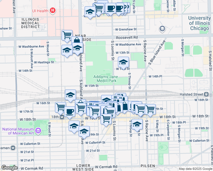 map of restaurants, bars, coffee shops, grocery stores, and more near 1429 West 15th Street in Chicago