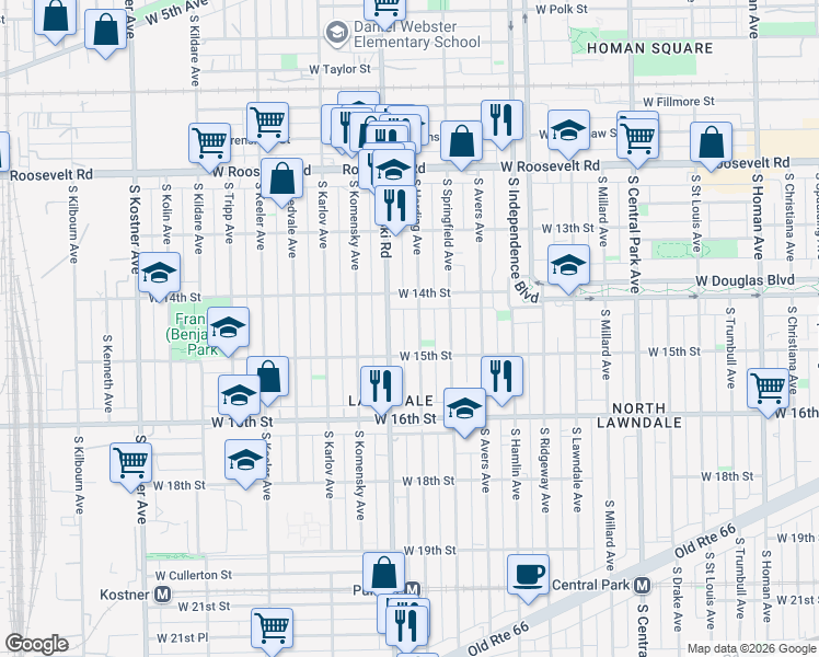 map of restaurants, bars, coffee shops, grocery stores, and more near 1415 South Pulaski Road in Chicago