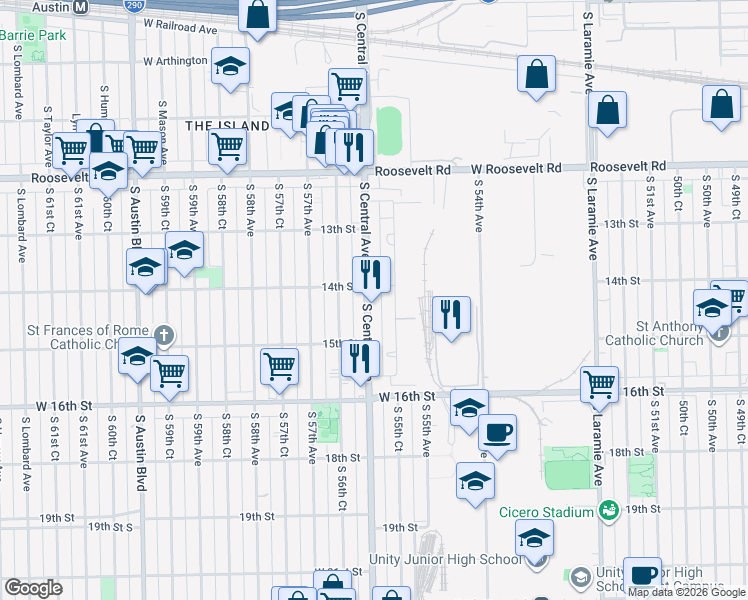 map of restaurants, bars, coffee shops, grocery stores, and more near 1342 South 55th Court in Cicero