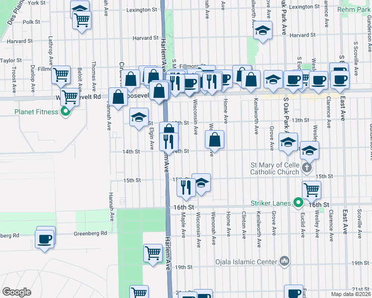map of restaurants, bars, coffee shops, grocery stores, and more near 1333 Maple Avenue in Berwyn