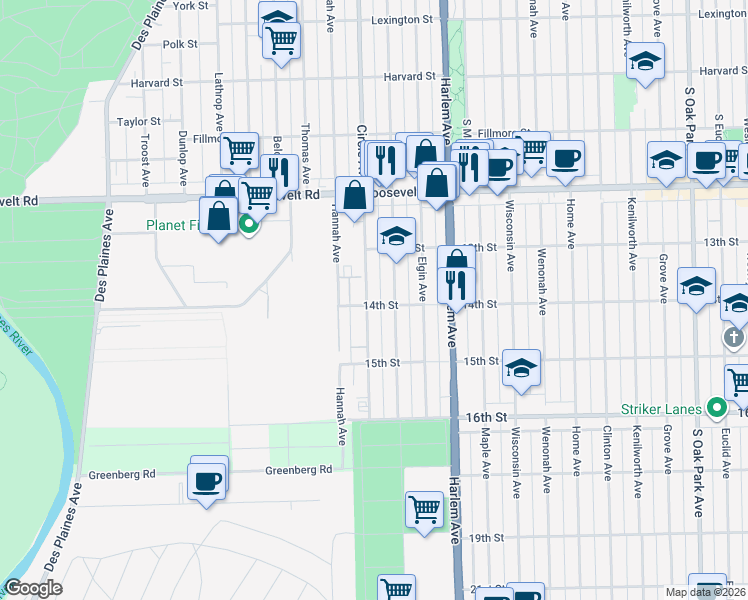 map of restaurants, bars, coffee shops, grocery stores, and more near 1329 Marengo Avenue in Forest Park