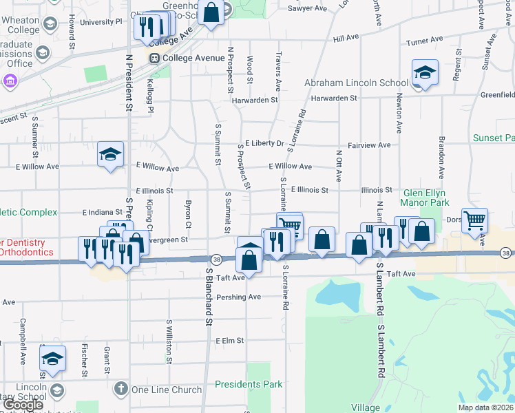 map of restaurants, bars, coffee shops, grocery stores, and more near 1602 East Illinois Street in Wheaton