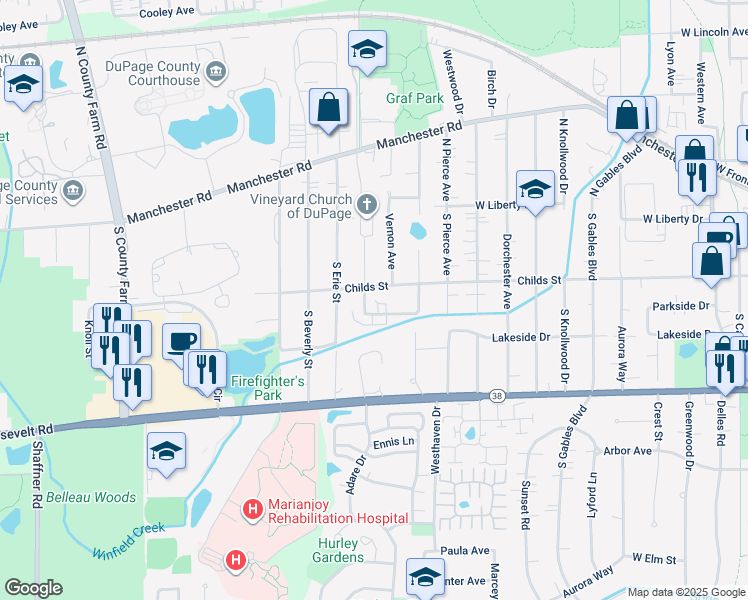map of restaurants, bars, coffee shops, grocery stores, and more near 318 Shirley Court in Wheaton
